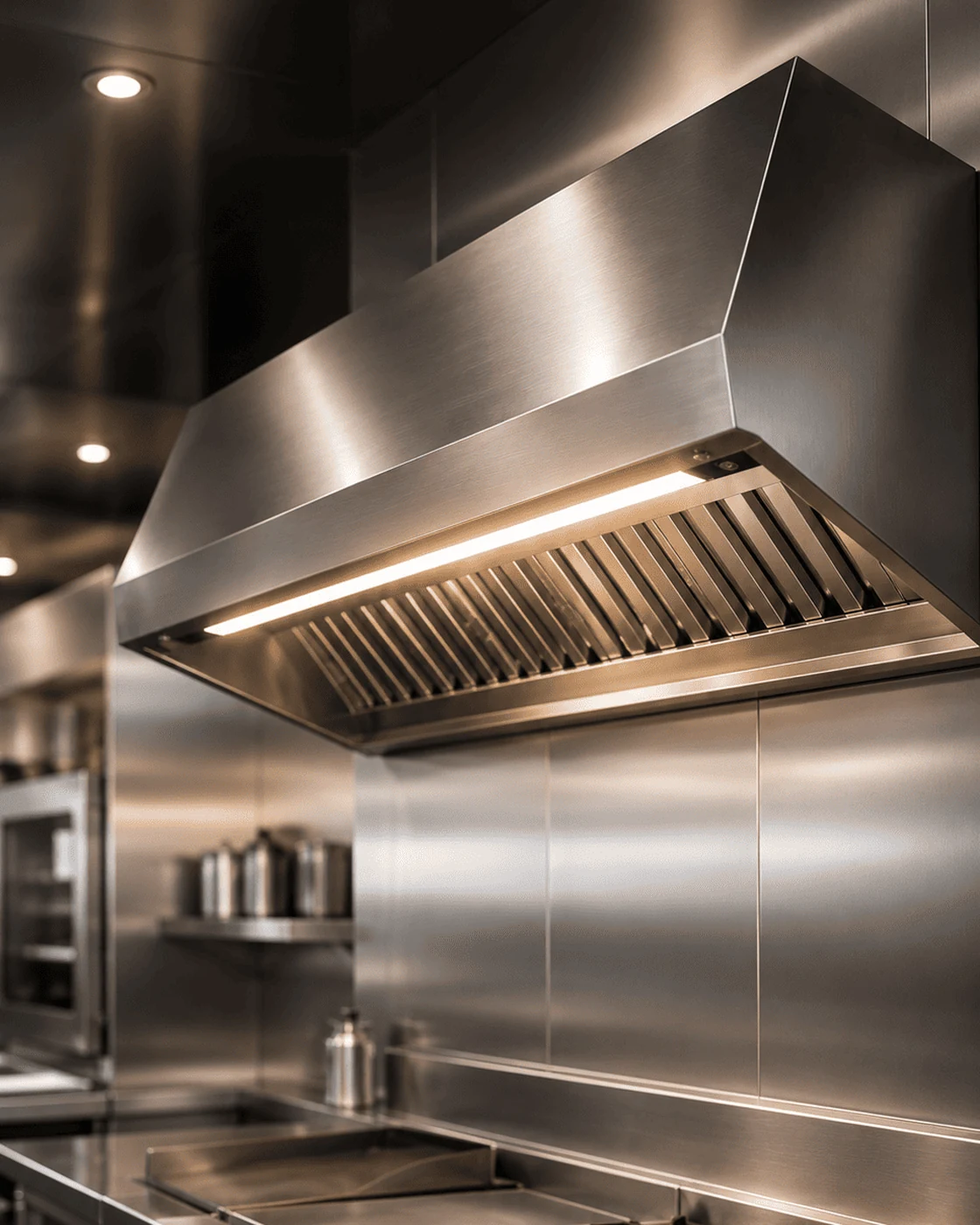 Hotte inox professionnelle installée au-dessus d'une ligne de cuisson